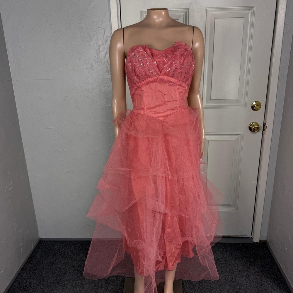 Vintage 50s 60s Women's Dress Party Metallic Strapless Formal Evening GG20